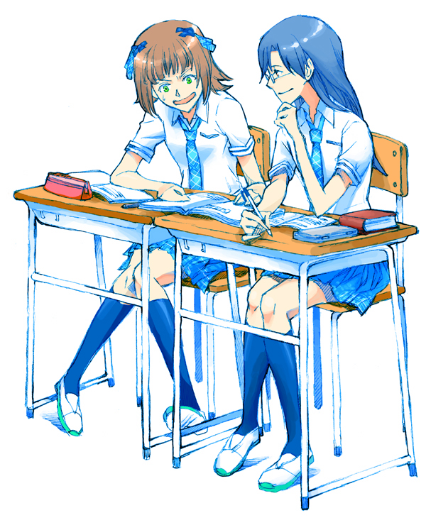 juu (juuzi), amami haruka, kisaragi chihaya, idolmaster, idolmaster (classic), plaid, bad id, bad pixiv id, 00s, 2girls, blue hair, book, brown hair, chair, desk, female focus, full body, glasses, hair ribbon, holding, holding pen, kneehighs, long hair, looking at another, multiple girls, necktie, notebook, on chair, open book, pen, pencil case, ribbon, rough time school, school desk, school uniform, serafuku, shirt, shoes, short hair, short sleeves, simple background, sitting, skirt, sleeves rolled up, smile, socks, sweatdrop, uwabaki, white background