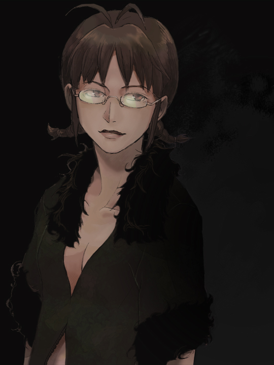 juu (juuzi), akizuki ritsuko, idolmaster, idolmaster (classic), idolmaster 1, looking away, bad id, bad pixiv id, 00s, 1girl, antenna hair, black background, black shirt, braid, breasts, brown eyes, brown hair, brown lips, cleavage, closed mouth, collarbone, dark, female focus, fur trim, glasses, light smile, lipstick, looking to the side, makeup, medium breasts, rimless eyewear, shirt, short sleeves, short twintails, solo, twin braids, twintails, upper body