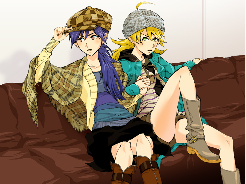 juu (juuzi), hoshii miki, kisaragi chihaya, idolmaster, idolmaster (classic), idolmaster 1, bad id, bad pixiv id, 00s, 2girls, boots, casual, female focus, multiple girls, shorts, skirt