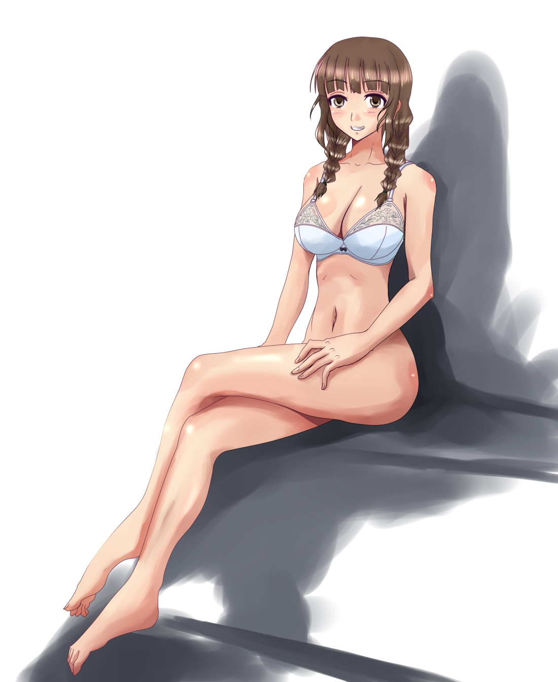 gununu (pixiv), mizusawa mao, kimi kiss, bad id, bad pixiv id, highres, bottomless, bra, braid, breasts, brown eyes, brown hair, crossed legs, large breasts, lingerie, sitting, solo, twin braids, underwear