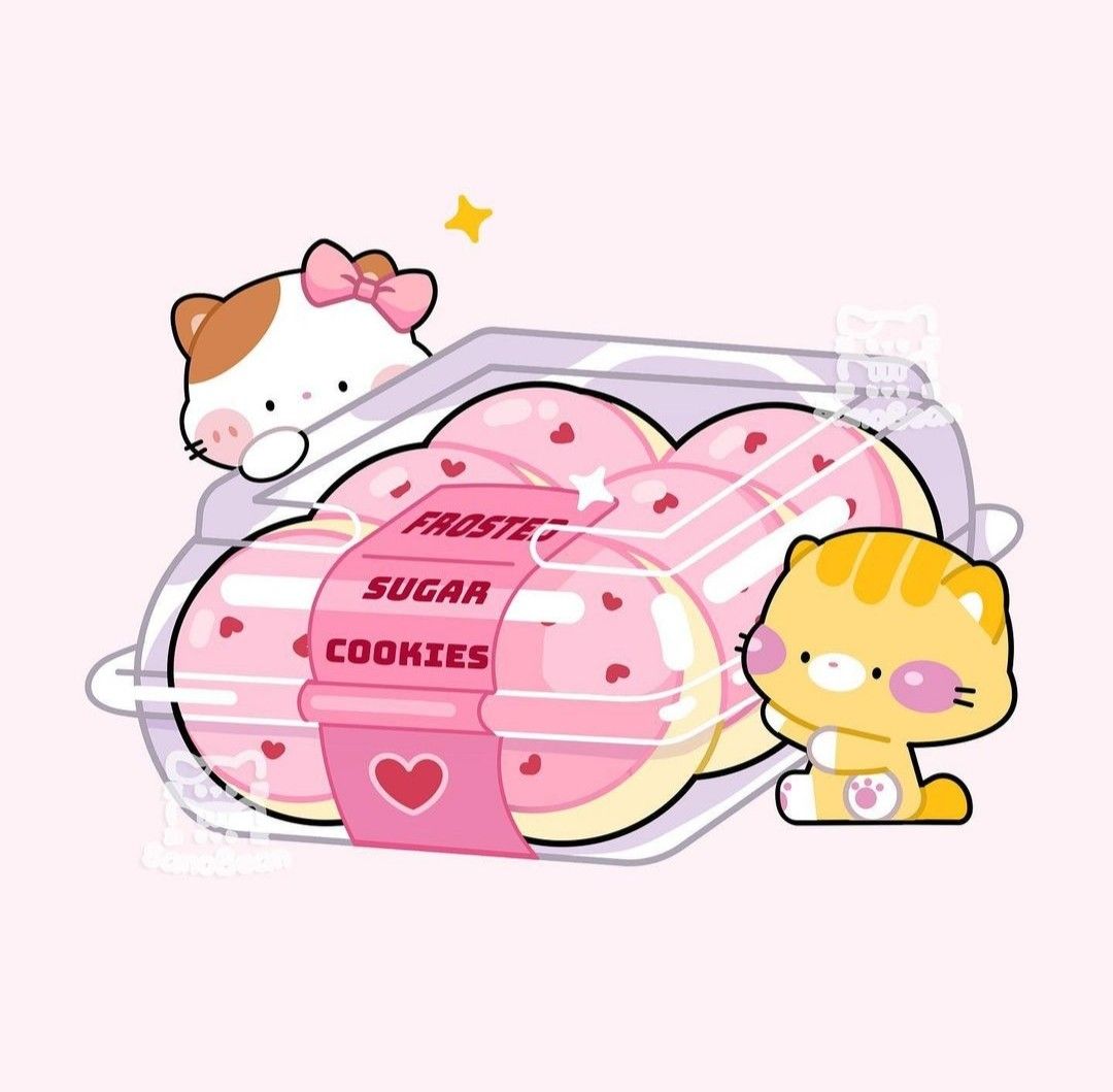 original, artist request, third-party source, animal focus, black eyes, blush stickers, bow, box, cat, cookie, food, food focus, icing, no humans, pawpads, pink background, pink bow, simple background, sitting, solid circle eyes, sparkle, sprinkles, watermark, whiskers