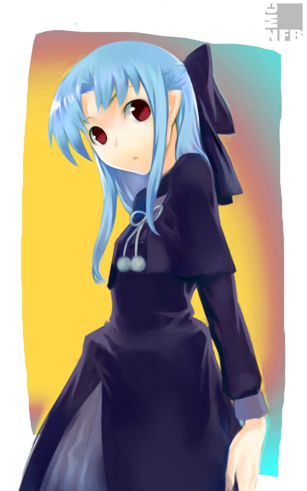 nfb-zmc, len (tsukihime), melty blood, tsukihime, type-moon, bad id, bad pixiv id, 00s, 1girl, black dress, blue hair, bow, capelet, dress, female focus, hair bow, pointy ears, red eyes, solo