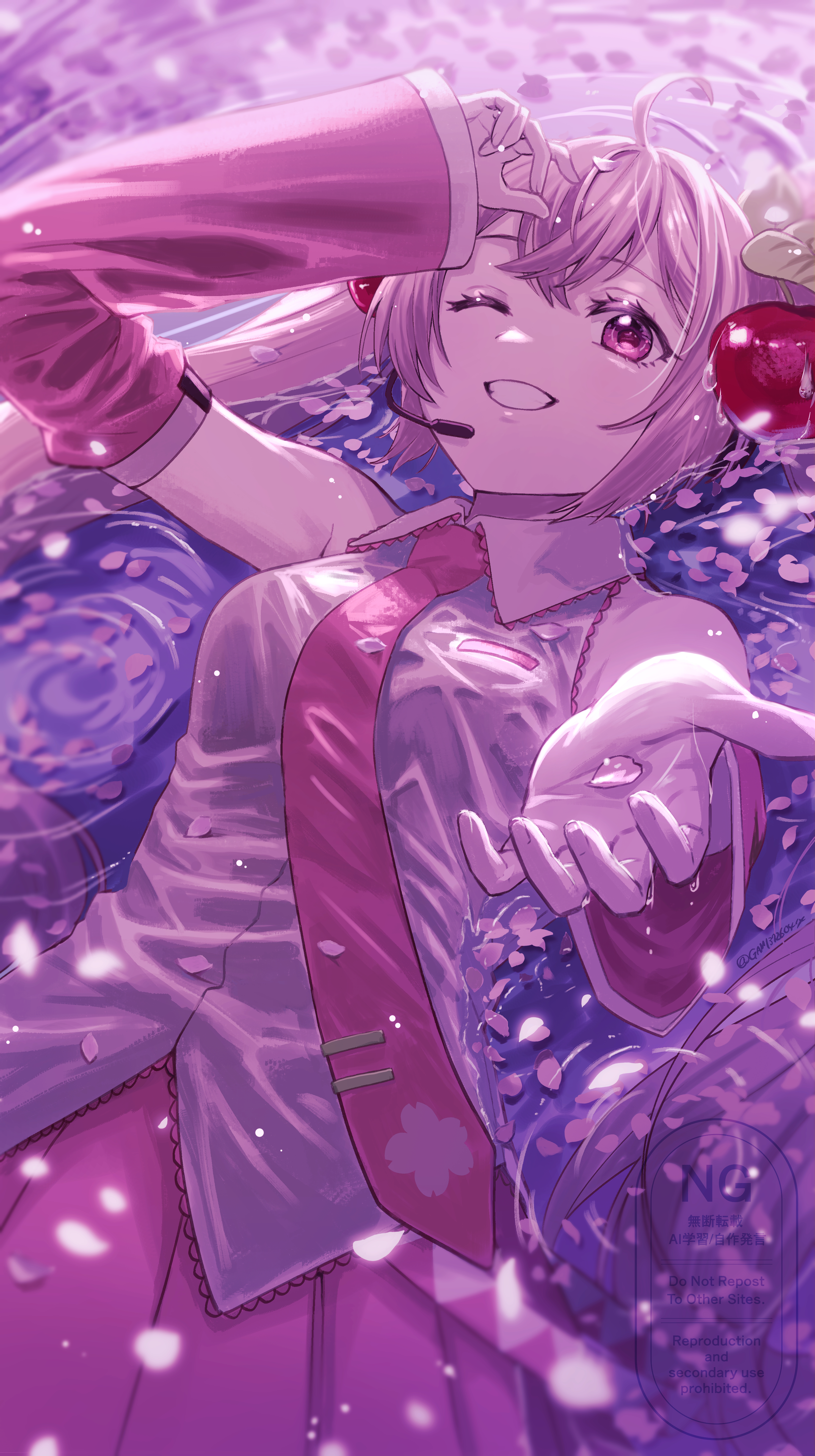 gami (gami37260414), hatsune miku, sakura miku, vocaloid, absurdres, highres, 1girl, ahoge, arm up, cherry blossoms, cherry hair ornament, collared shirt, detached sleeves, food-themed hair ornament, hair between eyes, hair ornament, headset, long hair, long sleeves, looking at viewer, lying, miku day, necktie, on back, one eye closed, pink eyes, pink hair, pink necktie, pink petals, pink skirt, pleated skirt, reaching, reaching towards viewer, shirt, skirt, smile, solo, teeth, twintails, very long hair, water, wet, white shirt, wide sleeves
