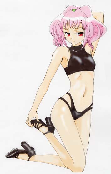 sakiran densha, anya alstreim, code geass, looking away, 00s, 1girl, armpits, bare shoulders, expressionless, female focus, full body, kneeling, looking afar, midriff, navel, red eyes, simple background, sleeveless, solo, stomach, twintails, white background
