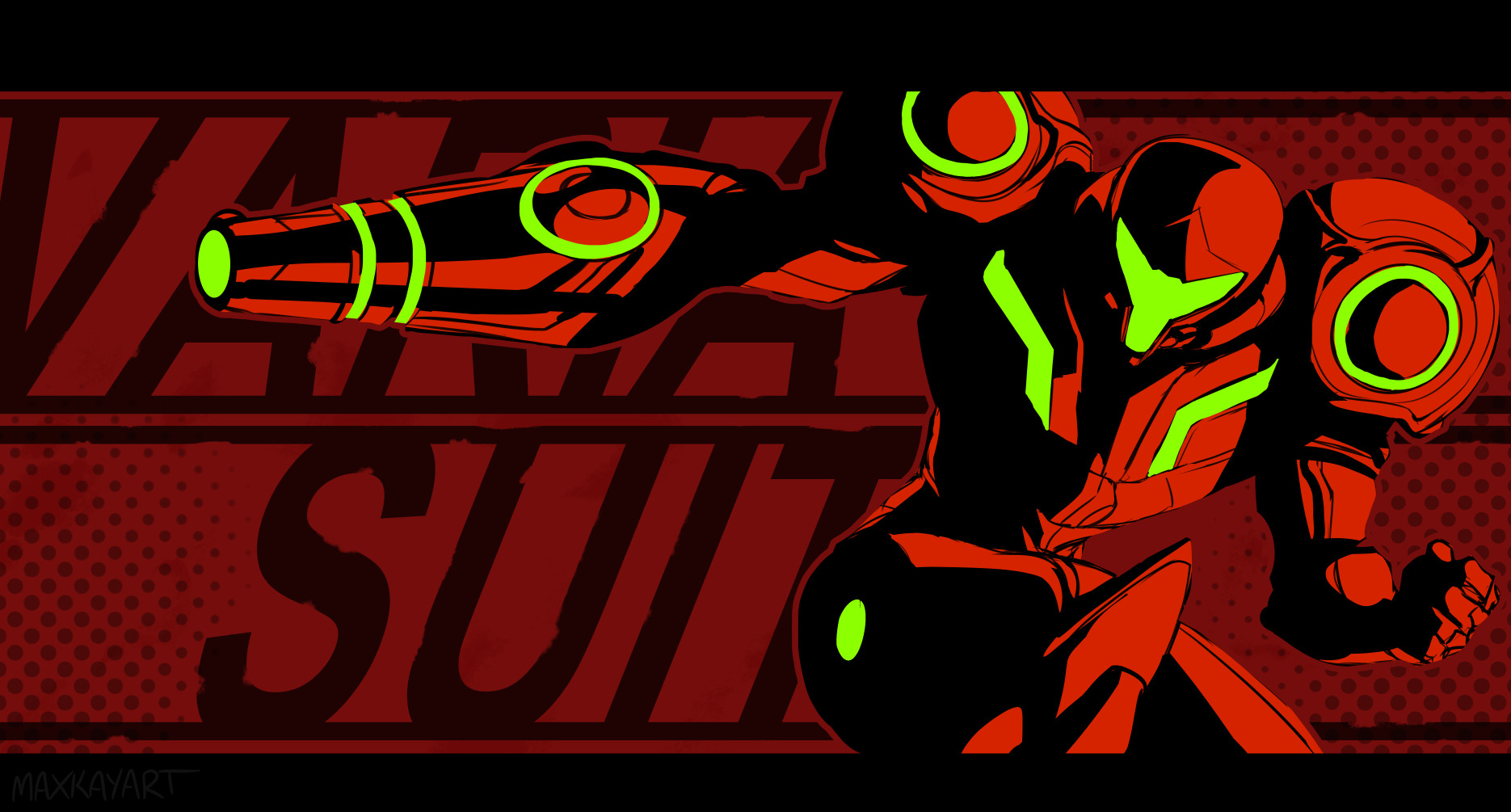 max kay, samus aran, metroid, nintendo, highres, 1girl, aiming, arm cannon, assault visor, clenched hand, english text, high contrast, limited palette, power suit (metroid), red theme, solo, varia suit, weapon