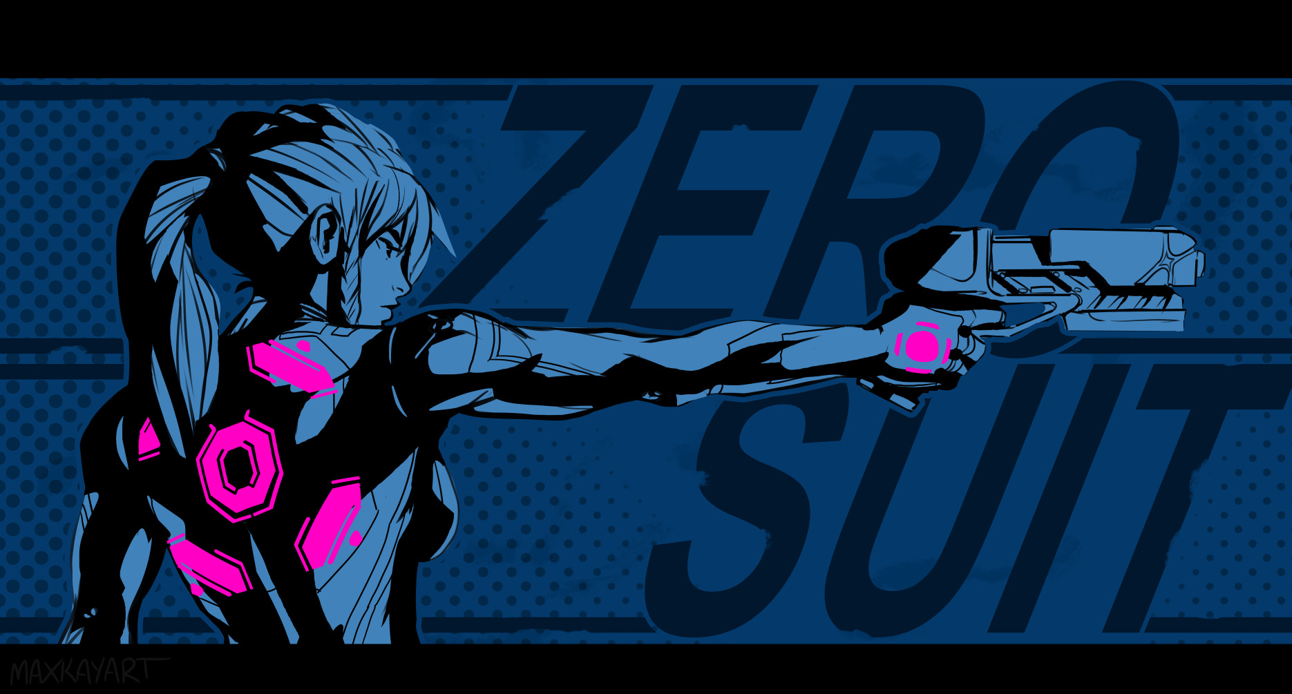max kay, samus aran, metroid, nintendo, highres, 1girl, aiming, blue theme, bodysuit, breasts, english text, from behind, high contrast, limited palette, medium breasts, paralyzer, ponytail, solo, zero suit