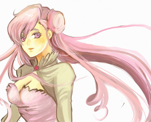 shoko makiko, euphemia li britannia, code geass, lowres, 00s, 1girl, breasts, brooch, cleavage, donut hair bun, female focus, gem, hair bun, jewelry, large breasts, long hair, long sleeves, looking at viewer, pink eyes, pink hair, single hair bun, solo