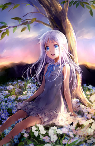 centimetre, honma meiko, ano hi mita hana no namae wo bokutachi wa mada shiranai., 1girl, blue eyes, breasts, crying, dress, flower bed, frilled dress, frills, open mouth, raised inner eyebrows, short dress, short eyebrows, sitting, small breasts, smile, solo, streaming tears, tears, tree, white dress, white hair