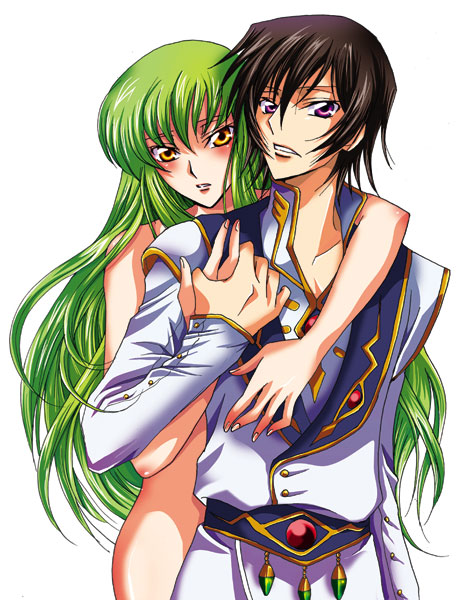 koromo (kinu), c.c., lelouch vi britannia, code geass, bad id, bad pixiv id, 00s, 1boy, 1girl, blush, clothed male nude female, completely nude, green hair, hetero, hug, long hair, nude, yellow eyes