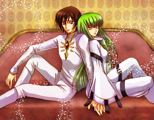 koromo (kinu), c.c., lelouch vi britannia, code geass, bad id, bad pixiv id, 00s, 1boy, 1girl, back-to-back, brooch, brown hair, couch, gem, hetero, holding hands, jewelry, long hair, long sleeves, looking at viewer, military, military uniform, purple eyes, red upholstery, straitjacket, very long hair, yellow eyes