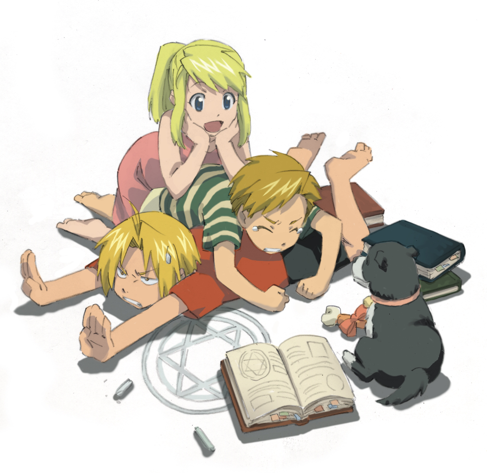 rinda, alphonse elric, den (fma), edward elric, winry rockbell, fullmetal alchemist, highres, 00s, 1girl, 2boys, aged down, book, chalk, dog, multiple boys
