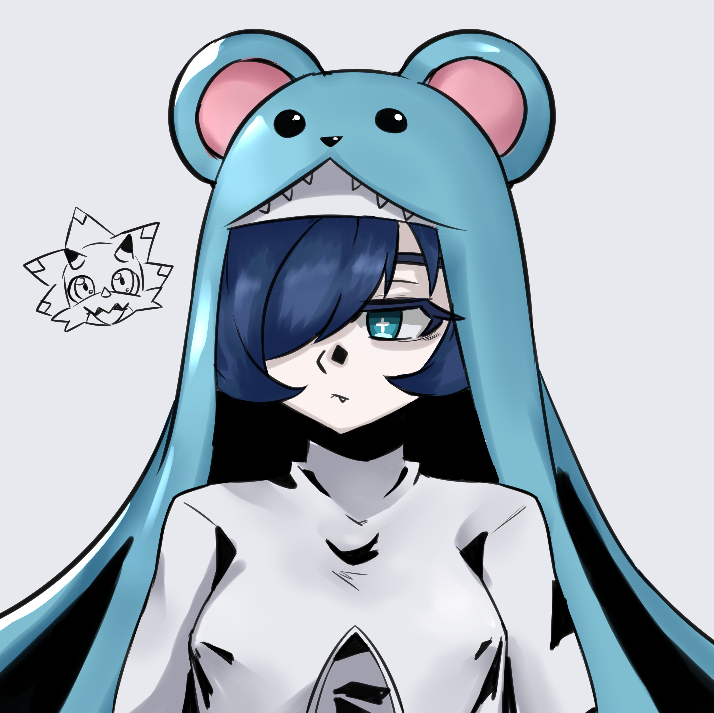 sakamuotoo, gammamon, sistermon ciel, digimon, digimon ghost game, absurdres, highres, 1girl, blue eyes, blue hair, breasts, chibi, chibi inset, digimon (creature), dress, medium breasts, simple background, solo, upper body, white background, white dress