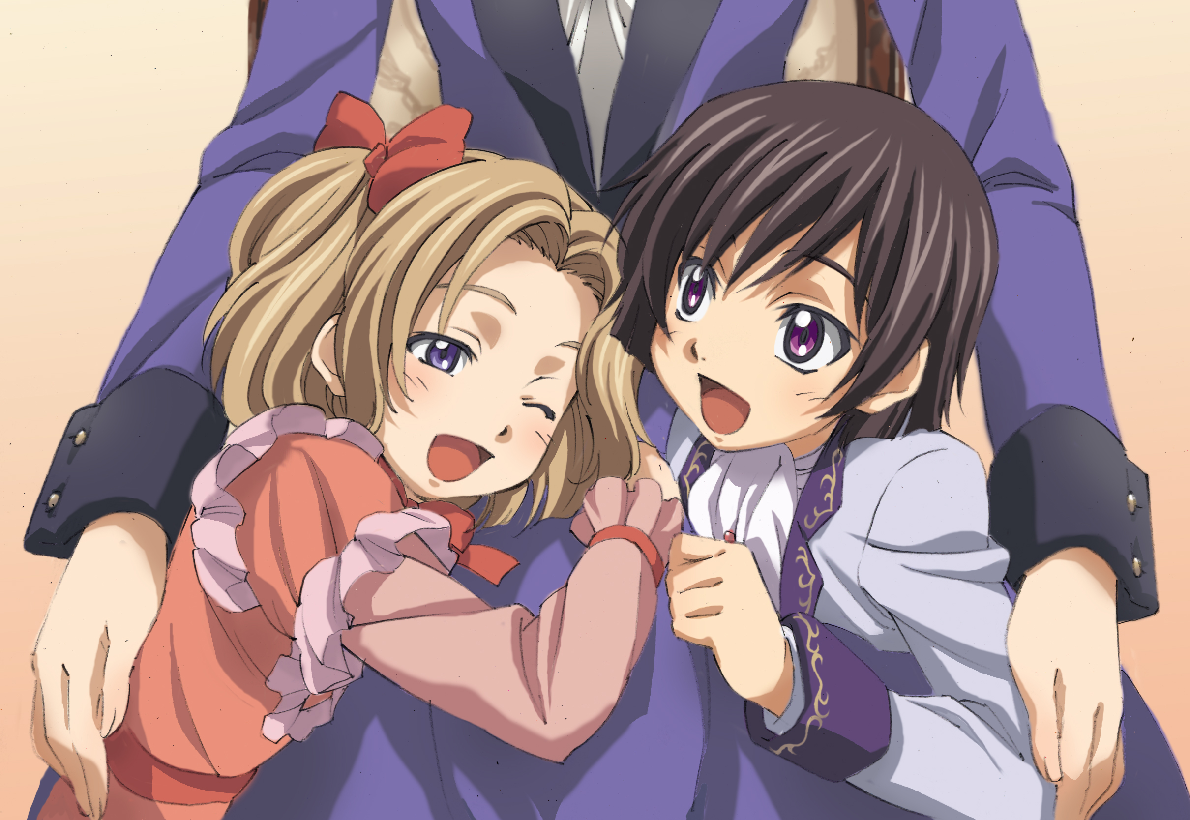 rinda, lelouch vi britannia, nunnally vi britannia, code geass, highres, 00s, 1boy, 2girls, blush, multiple girls, one eye closed, wink