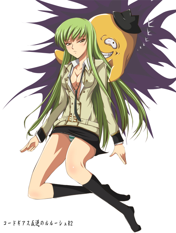sahare, c.c., cheese-kun, code geass, pizza hut, bad id, bad pixiv id, 00s, 1girl, breasts, cleavage, female focus, green hair, long hair, open clothes, open shirt, panties, shirt, solo, underwear, very long hair