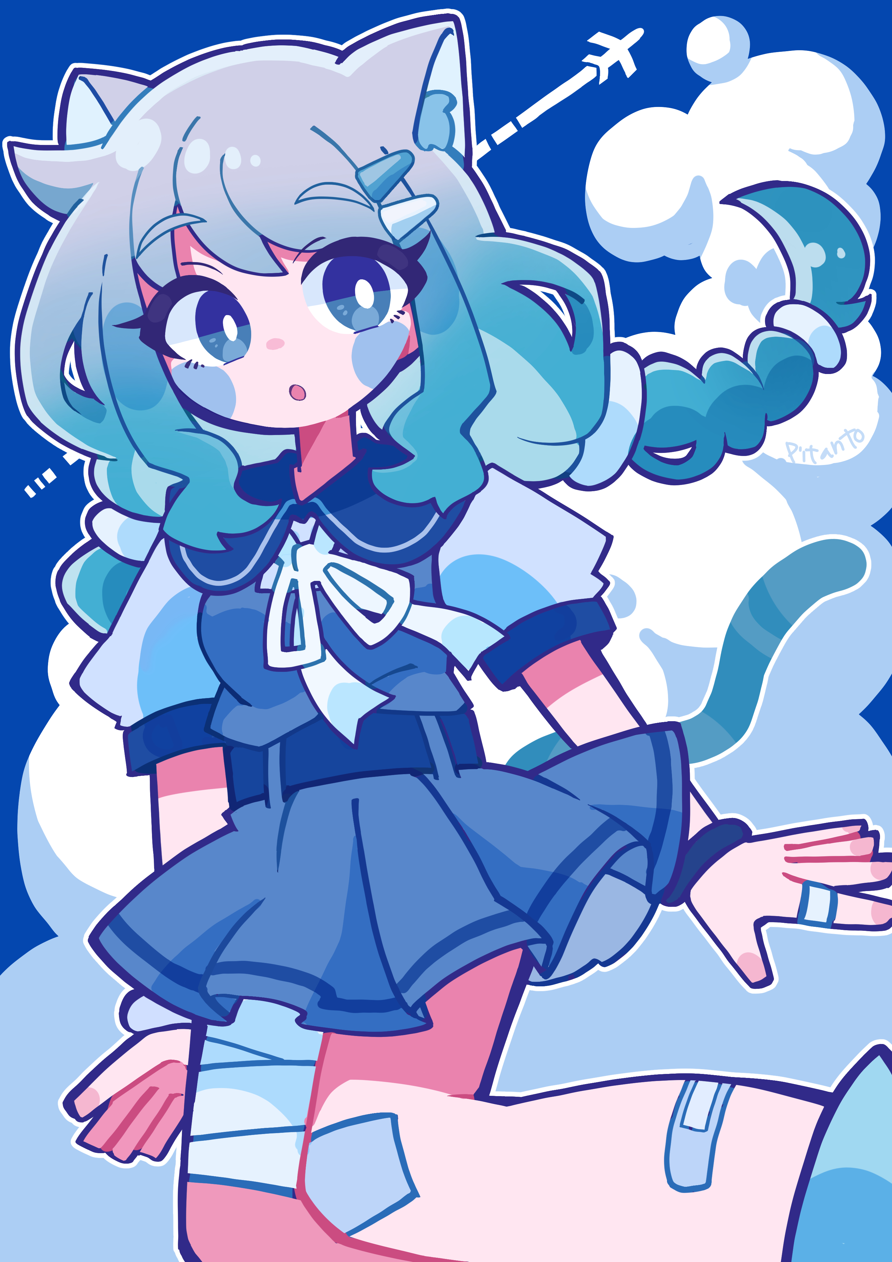 pitanto, original, absurdres, commentary, english commentary, highres, 1girl, :o, aircraft, airplane, animal ear fluff, animal ears, bandaged leg, bandages, bandaid, bandaid on knee, bandaid on leg, bare legs, belt, blue belt, blue boots, blue dress, blue eyes, blue hair, blue sailor collar, blue sky, blue theme, blush stickers, boots, bracelet, braid, bright pupils, cat ears, cat girl, cat tail, cloud, collared shirt, day, dress, expressionless, eyelashes, eyes visible through hair, feet out of frame, fingernails, floating clothes, floating hair, gradient hair, grey hair, hair ornament, hair scrunchie, hairclip, jewelry, long hair, looking at viewer, low twin braids, multicolored hair, neck ribbon, open mouth, outdoors, outline, parallel hairclips, pinafore dress, pleated dress, puffy short sleeves, puffy sleeves, ribbon, ring, sailor collar, scrunchie, shirt, short dress, short sleeves, signature, sky, sleeveless, sleeveless dress, solo, tail, tareme, twin braids, two-tone hair, very long hair, white outline, white pupils, white ribbon, white scrunchie, white shirt, wind