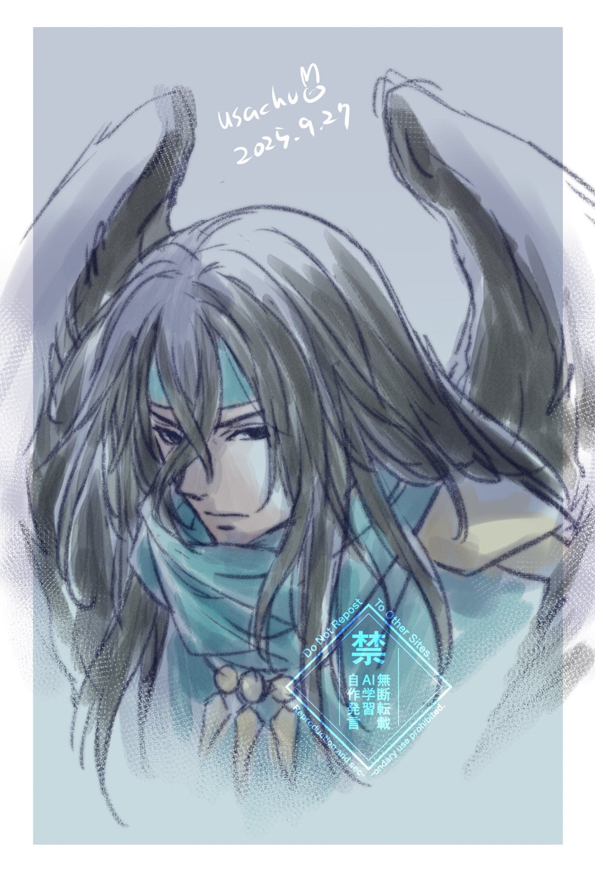 usachu now, fire emblem, fire emblem shadows, nintendo, highres, 1boy, bird boy, black wings, closed mouth, feathered wings, headband, long hair, looking at viewer, male focus, solo, wings, zasha (fire emblem)