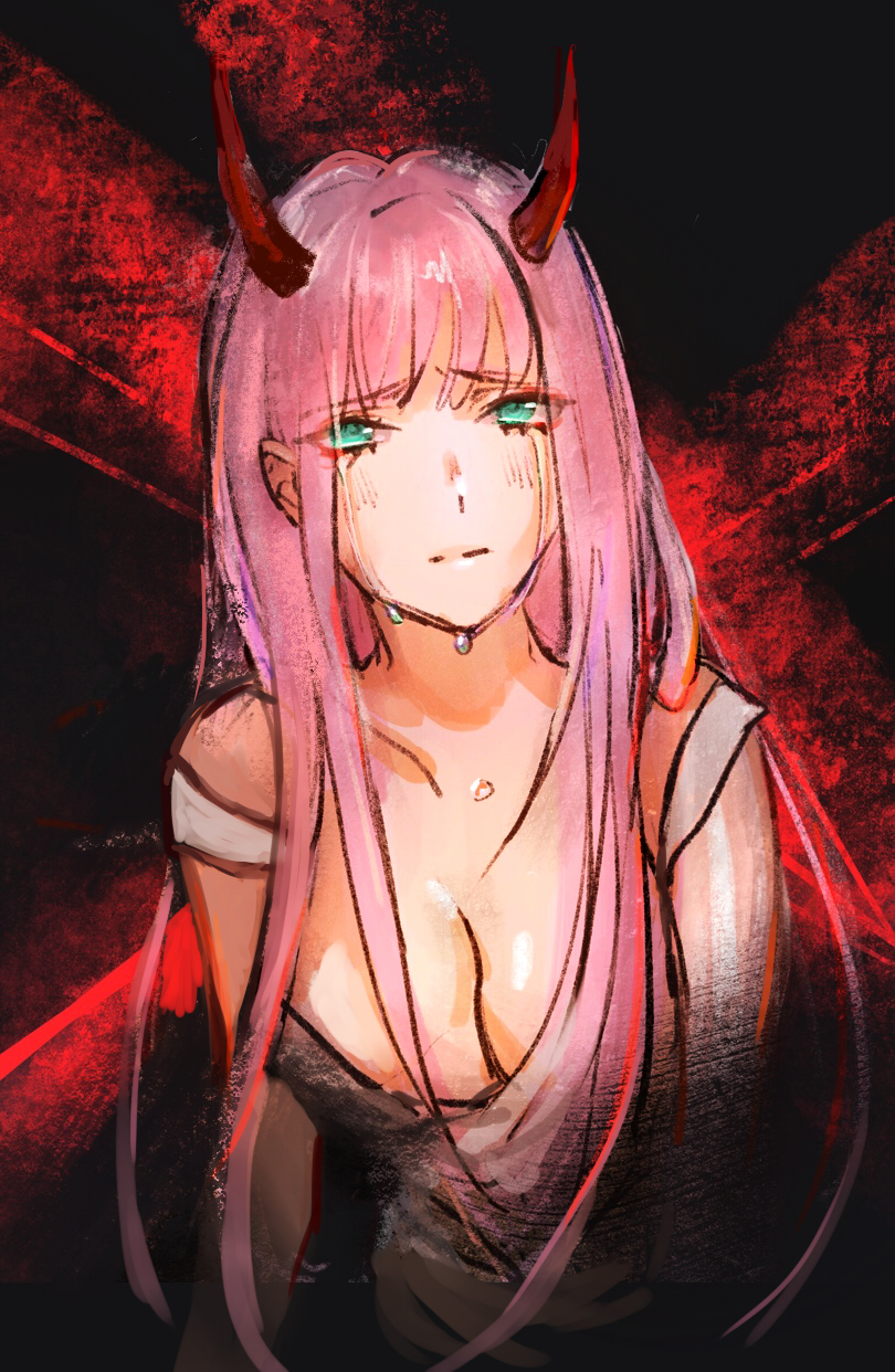 centimetre, zero two (darling in the franxx), darling in the franxx, highres, 1girl, breasts, cleavage, crying, dress, green eyes, grey dress, horns, long hair, medium breasts, pink hair, raised inner eyebrows, red background, red horns, solo, strap slip, streaming tears, tears, upper body
