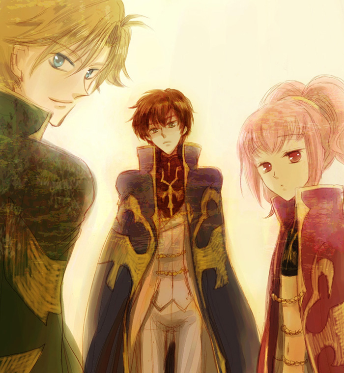 samako, anya alstreim, gino weinberg, kururugi suzaku, code geass, bad id, bad pixiv id, 00s, 1girl, 2boys, blonde hair, blue eyes, blush, brown hair, knights of the round, looking at viewer, military, military uniform, multiple boys, pink hair, red eyes, simple background, smile, yellow background