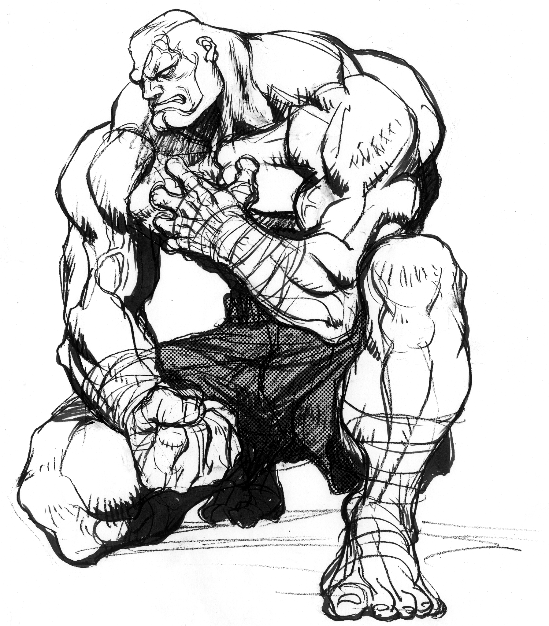 nishimura kinu, sagat, street fighter, street fighter ii (series), game cg, highres, non-web source, official art, 1boy, ankle wrap, bald, barefoot, clenched hand, clenched teeth, eyepatch, full body, greyscale, hand wraps, kneeling, monochrome, muscular, parted lips, scar, scar on face, scar on forehead, shorts, solo, teeth, topless male, veins, veiny arms, white background