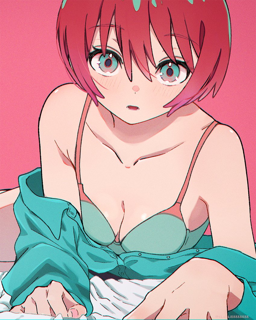 bhachi88888888, amate yuzuriha, gundam, gundam gquuuuuux, 1girl, aqua eyes, aqua shirt, bra, breasts, cleavage, collarbone, collared shirt, green bra, leaning forward, long sleeves, looking at viewer, lying, off shoulder, open mouth, parted lips, pink background, pink straps, red hair, shirt, short hair, simple background, solo, underwear