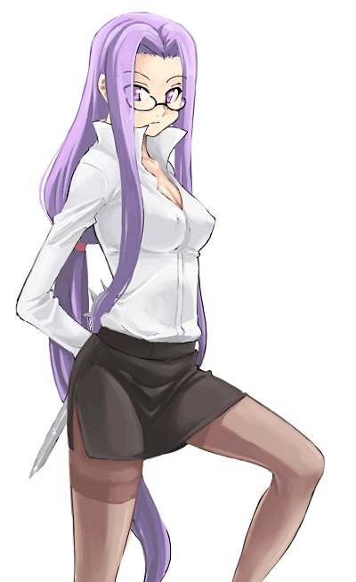 medusa (fate), medusa (rider) (fate), fate/stay night, fate (series), 00s, 1girl, breasts, covered erect nipples, dress shirt, female focus, glasses, long hair, medium breasts, miniskirt, pantyhose, pencil skirt, purple eyes, purple hair, shirt, simple background, skirt, solo, square pupils, very long hair