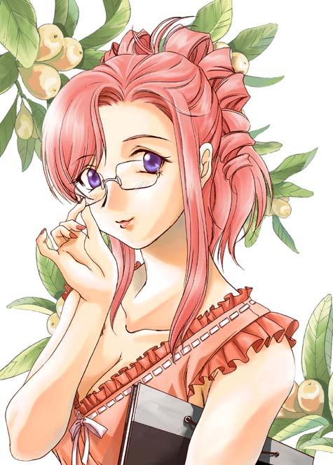 kacka, kazami mizuho, onegai teacher, 00s, 1girl, breasts, cleavage, female focus, glasses, medium breasts, nail polish, pince-nez, pink hair, purple eyes, solo, teacher