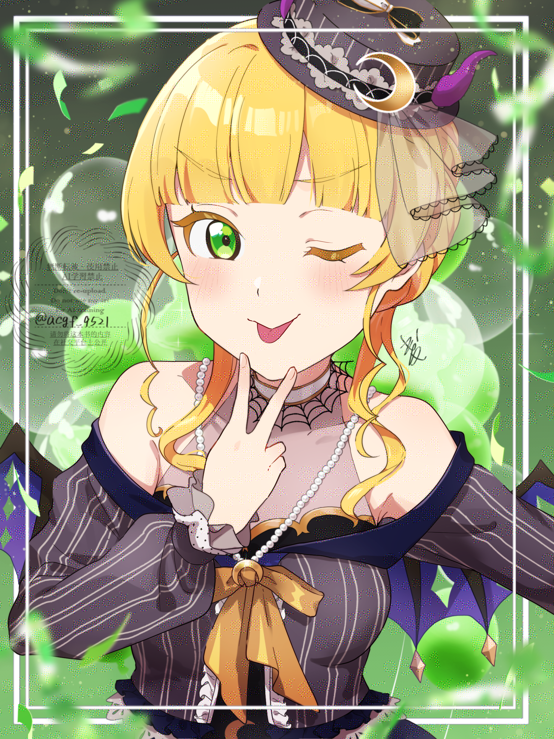 kyaku tasu, heanna sumire, love live!, love live! superstar!!, absurdres, commentary, highres, 1girl, balloon, birthday, blonde hair, blush, breasts, collarbone, confetti, green eyes, hat, looking at viewer, medium breasts, signature, solo, tongue, tongue out, twitter username, upper body, v, watermark