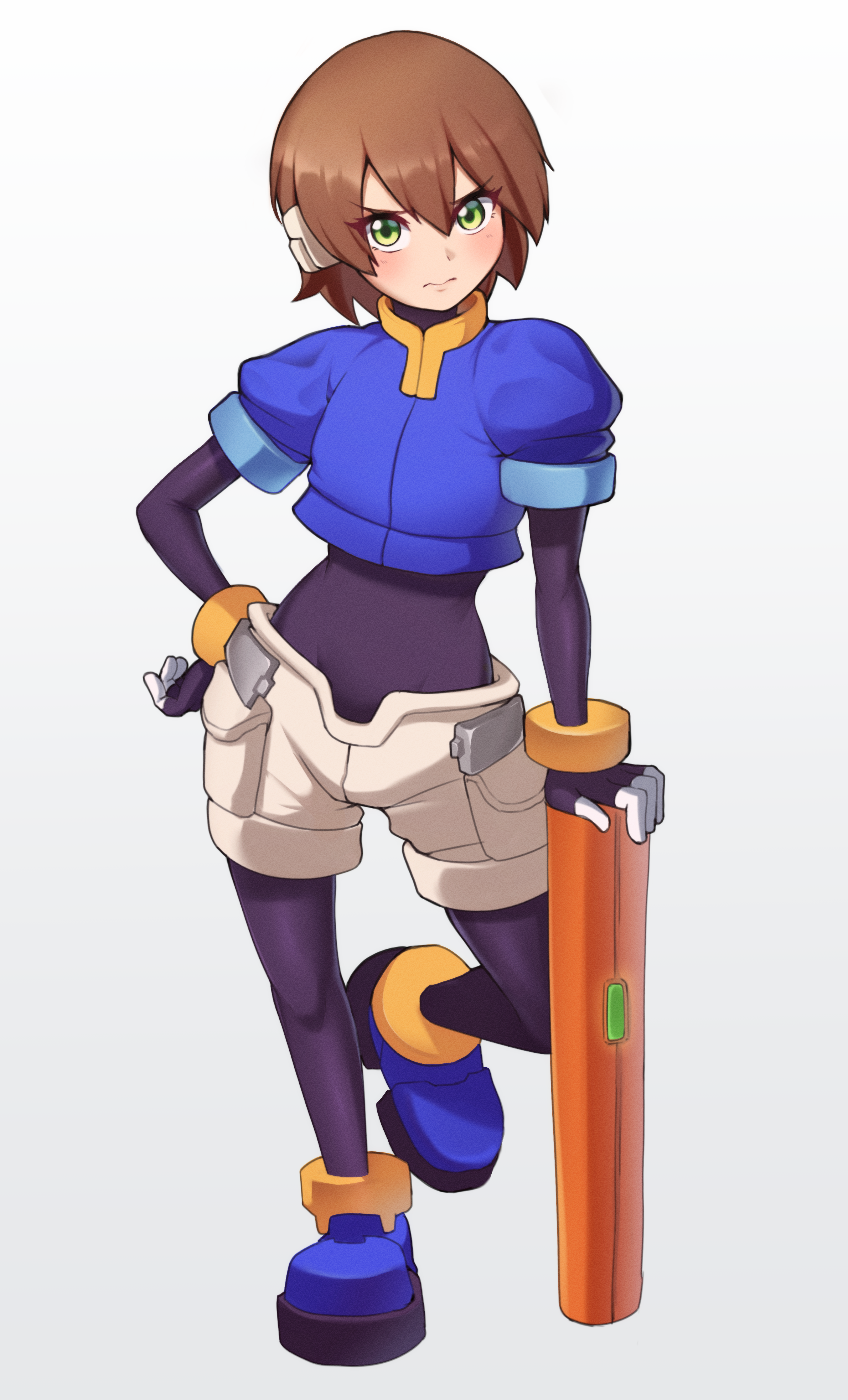 bonoshii, aile (mega man zx), mega man (series), mega man zx, absurdres, highres, 1girl, black bodysuit, blue jacket, blush, bodysuit, brown hair, cropped jacket, full body, green eyes, jacket, robot ears, short hair, shorts, simple background, solo, standing, white background, white shorts