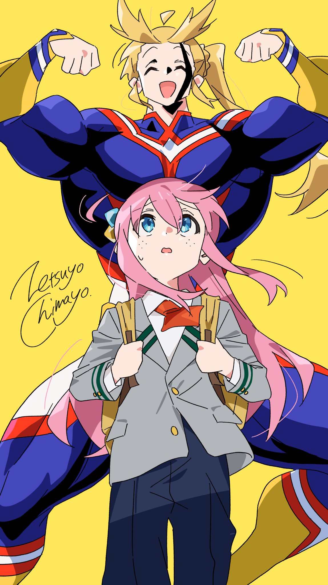 zetsuyo chimayo, all might, gotoh hitori, ijichi nijika, midoriya izuku, bocchi the rock!, boku no hero academia, highres, 2girls, :d, ^ ^, ahoge, all might (cosplay), alternate body size, alternate muscle size, antenna hair, artist name, backpack, bag, behind another, blazer, blonde hair, blue eyes, braid, closed eyes, collared shirt, cosplay, cowboy shot, cube hair ornament, flexing, freckles, hair between eyes, hair ornament, holding, holding bag, jacket, long hair, long sleeves, looking up, midoriya izuku (cosplay), multiple girls, muscular, necktie, one side up, open mouth, pants, parody, partially unbuttoned, pink hair, ponytail with braided base, raised inner eyebrows, red necktie, school uniform, shirt, side ponytail, sidelocks, signature, simple background, skin tight, smile, standing, straight-on, superhero costume, sweatdrop, white shirt, yellow background