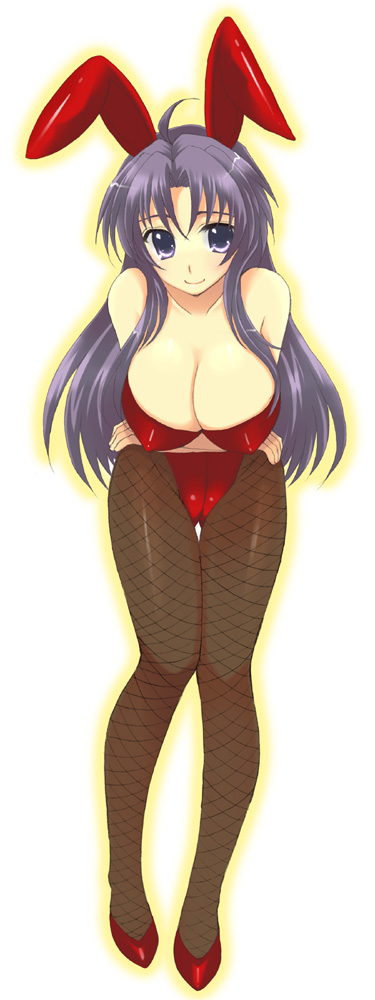 sakurai unan, original, bad id, bad pixiv id, animal ears, breasts, cleavage, covered erect nipples, fake animal ears, fishnet pantyhose, fishnets, large breasts, long hair, pantyhose, playboy bunny, purple eyes, rabbit ears, solo