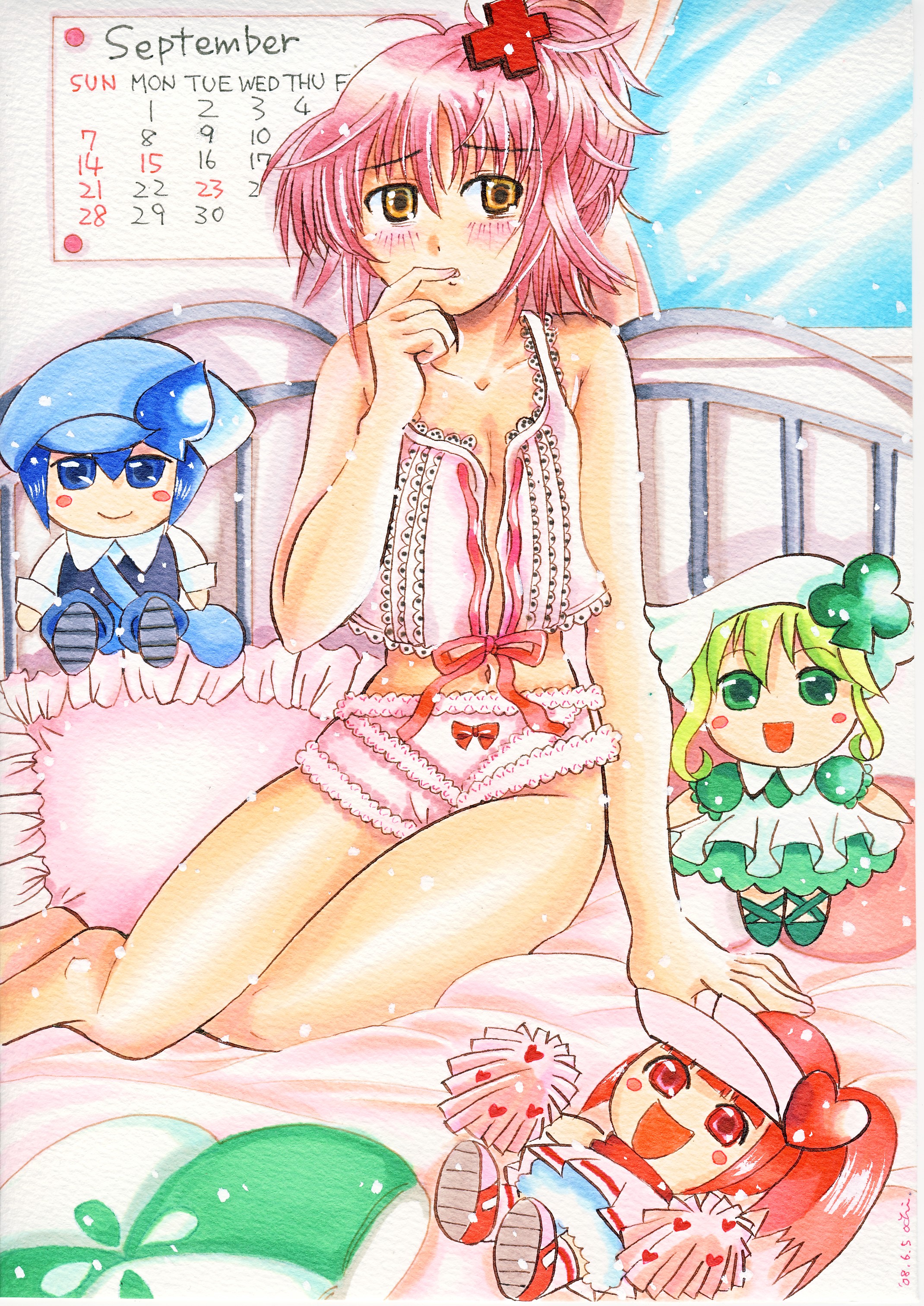 occhii, hinamori amu, shugo chara!, absurdres, highres, traditional media, blush, pink hair, short hair