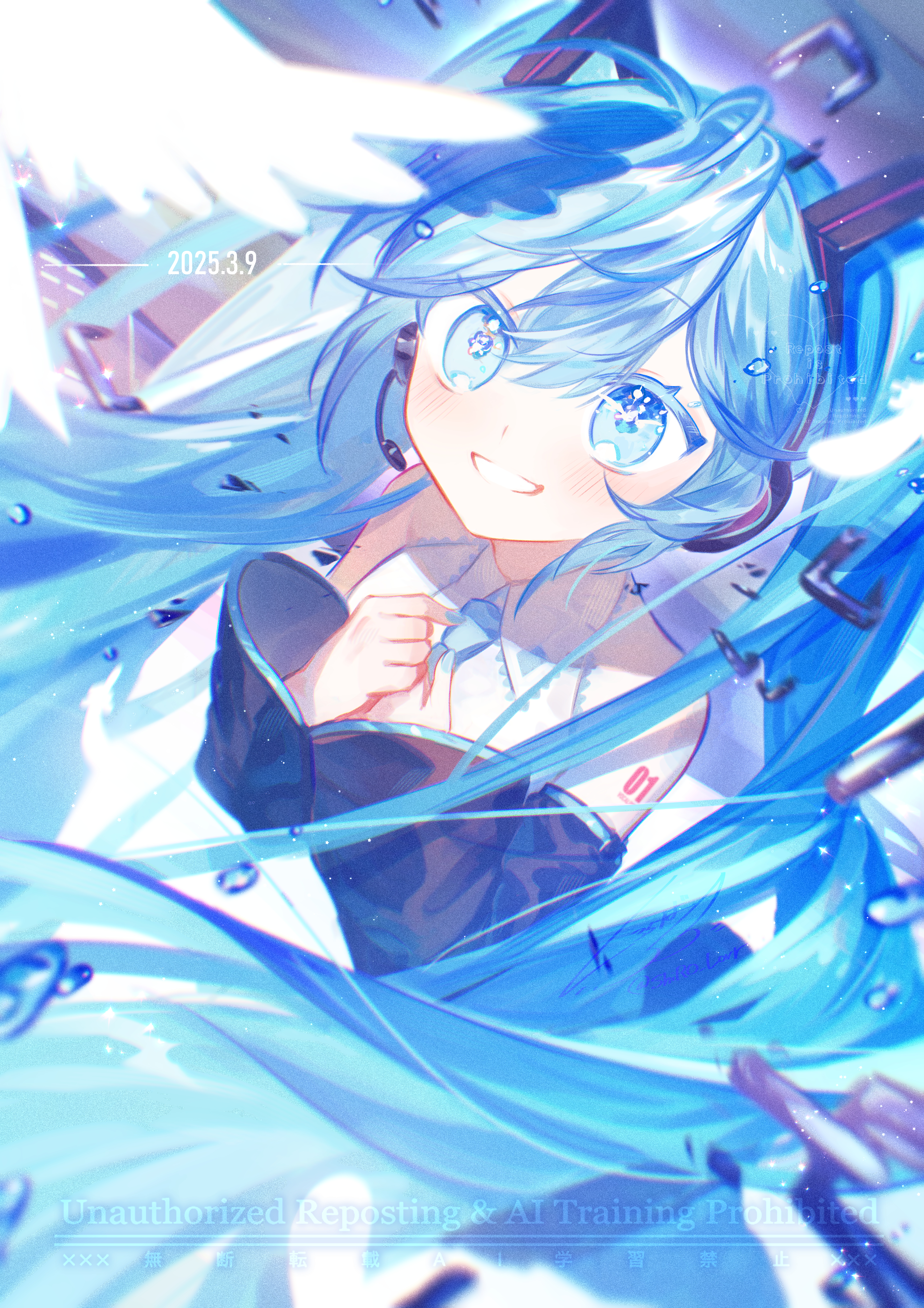shiroraba, hatsune miku, vocaloid, absurdres, highres, 1girl, aqua eyes, aqua hair, aqua nails, aqua necktie, aqua trim, arm tattoo, blush, collared shirt, detached sleeves, feathered wings, hair between eyes, hair ornament, long hair, long sleeves, looking up, miku day, necktie, number tattoo, parted lips, shirt, sleeveless, smile, solo, tattoo, twintails, very long hair, white shirt, wide sleeves, wings