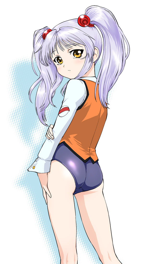 ueyama michirou, hoshino ruri, kidou senkan nadesico, uniform, 1girl, ass, back, blue hair, blush, female focus, flat ass, hair ornament, long hair, long sleeves, looking at viewer, looking back, no pants, one-piece swimsuit, school swimsuit, solo, sphere hair ornament, swimsuit, swimsuit under clothes, twintails, yellow eyes