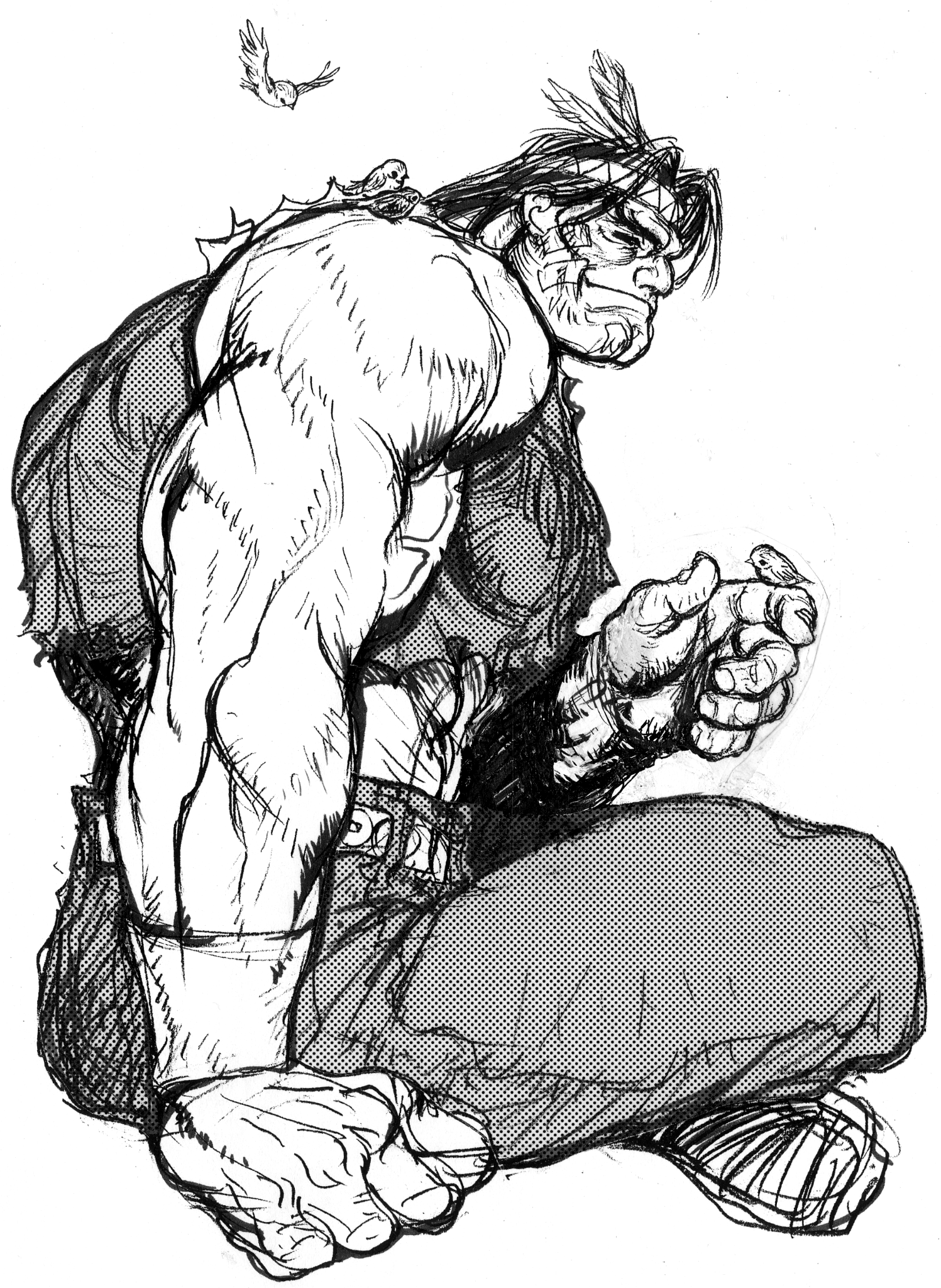 nishimura kinu, thunder hawk, street fighter, street fighter ii (series), game cg, highres, non-web source, official art, 1boy, animal, animal on shoulder, bare shoulders, bird, bird on hand, bird on shoulder, facepaint, from side, full body, greyscale, headband, headdress, indian style, monochrome, muscular, native american, native american headdress, sitting, smile, solo, veins, veiny arms, white background