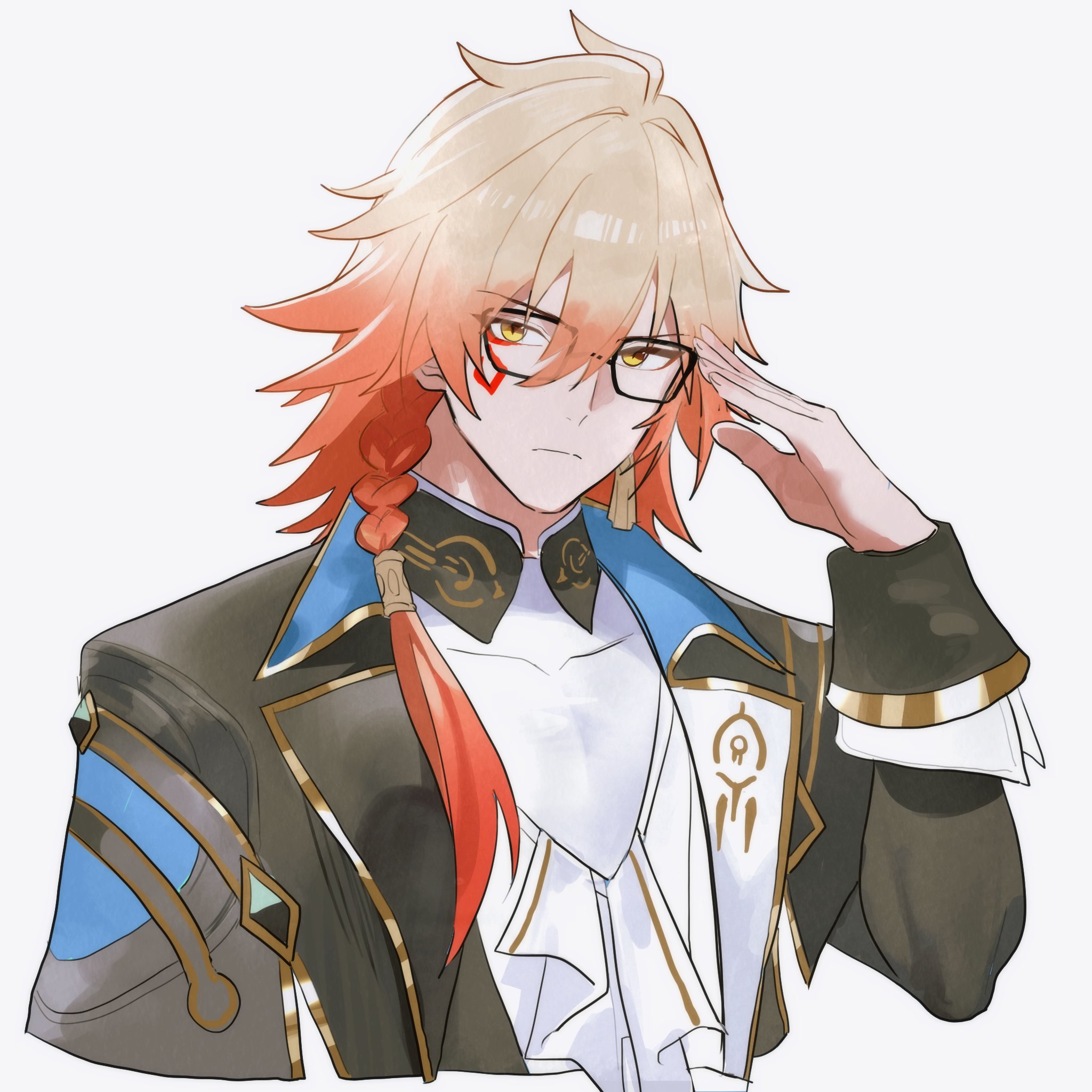 anaxa (honkai: star rail), mydei (honkai: star rail), honkai: star rail, honkai (series), highres, 1boy, anaxa (honkai: star rail) (cosplay), ascot, bespectacled, black jacket, cosplay, glasses, half-closed eyes, hand up, hazozoyaku, jacket, lapels, looking at viewer, male focus, mandarin collar, medium hair, notched lapels, orange hair, shirt, side ponytail, simple background, solo, spiked hair, upper body, white ascot, white background, white shirt, yellow eyes