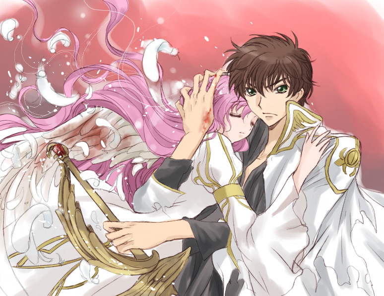 akina tsukako, euphemia li britannia, kururugi suzaku, code geass, 00s, 1boy, 1girl, blood, brown hair, closed eyes, dress, floating hair, hug, long hair, long sleeves, looking at viewer, military, pink hair, very long hair, white dress