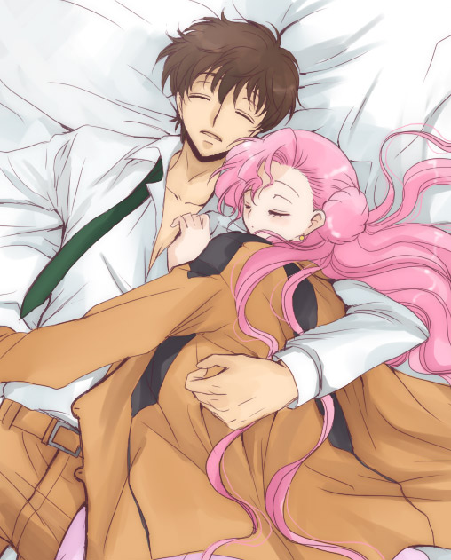 akina tsukako, euphemia li britannia, kururugi suzaku, code geass, 00s, 1boy, 1girl, bed sheet, belt, brown hair, closed eyes, collarbone, couple, cuddling, donut hair bun, from above, hair bun, long hair, long sleeves, lying, on stomach, pants, parted lips, pink hair, sleeping, under covers, very long hair
