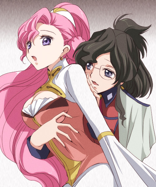 akina tsukako, euphemia li britannia, nina einstein, code geass, 00s, 2girls, black hair, blue eyes, breasts, brown hair, cleavage, cleavage cutout, clothing cutout, donut hair bun, dress, earrings, female focus, from behind, glasses, hair bun, hug, jewelry, large breasts, long hair, moaning, multiple girls, open mouth, pink hair, ponytail, princess, purple eyes, single hair bun, time paradox, yuri