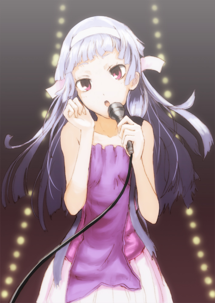 nagi, kannagi, 00s, 1girl, :o, blue hair, blunt bangs, female focus, microphone, pleated skirt, purple eyes, skirt, solo, white skirt