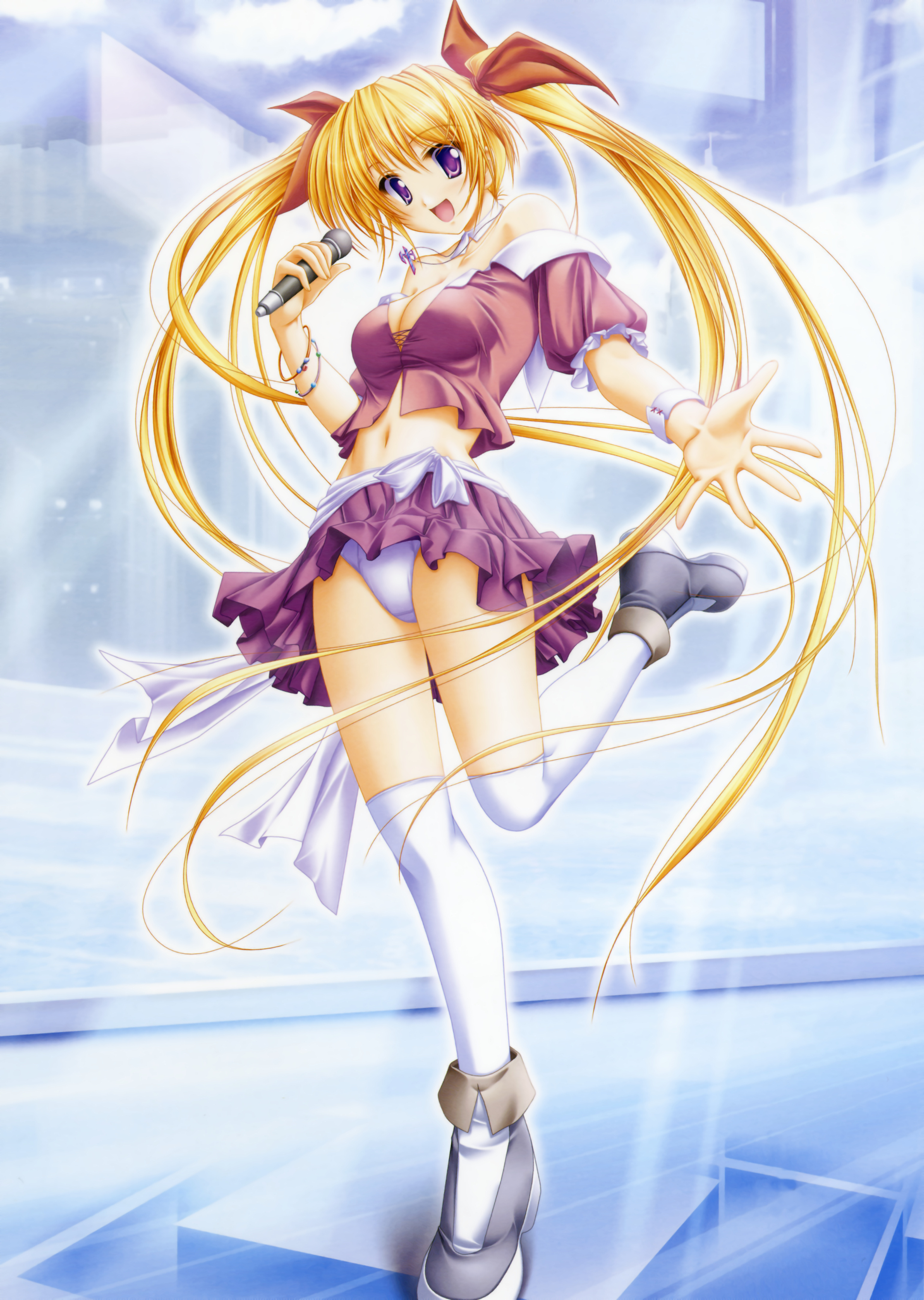 tenmaso, absurdres, highres, 1girl, blonde hair, breasts, cleavage, female focus, hair ribbon, long hair, medium breasts, microphone, open mouth, panties, pantyshot, purple eyes, ribbon, solo, thighhighs, twintails, underwear, white thighhighs