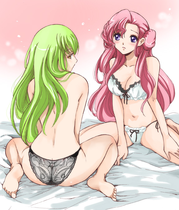 akina tsukako, c.c., euphemia li britannia, code geass, bad id, bad pixiv id, 00s, 2girls, bad anatomy, bad feet, barefoot, donut hair bun, feet, green hair, hair bun, lingerie, multiple girls, pink hair, poorly drawn, topless female, underwear, underwear only, yuri