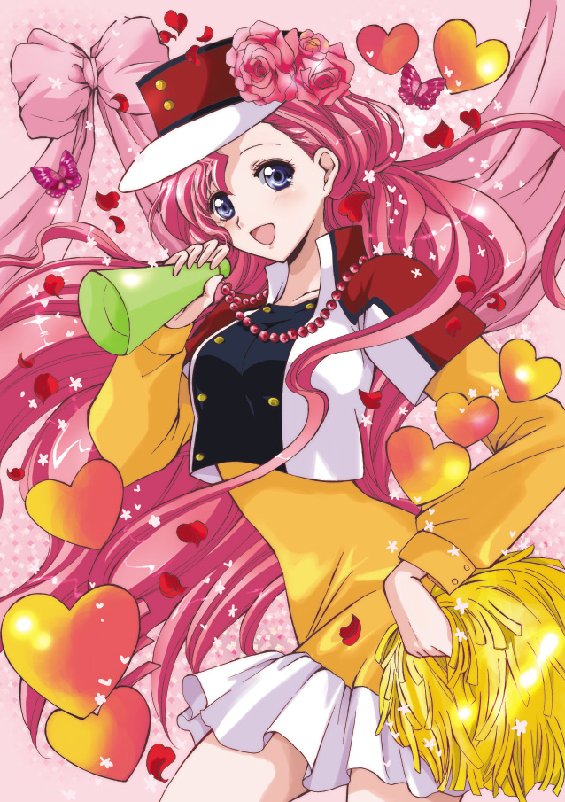 akina tsukako, euphemia li britannia, code geass, 00s, 1girl, blue eyes, blush, buttons, cowboy shot, dress, female focus, heart, long sleeves, looking at viewer, pink hair, solo, sparkle, white dress