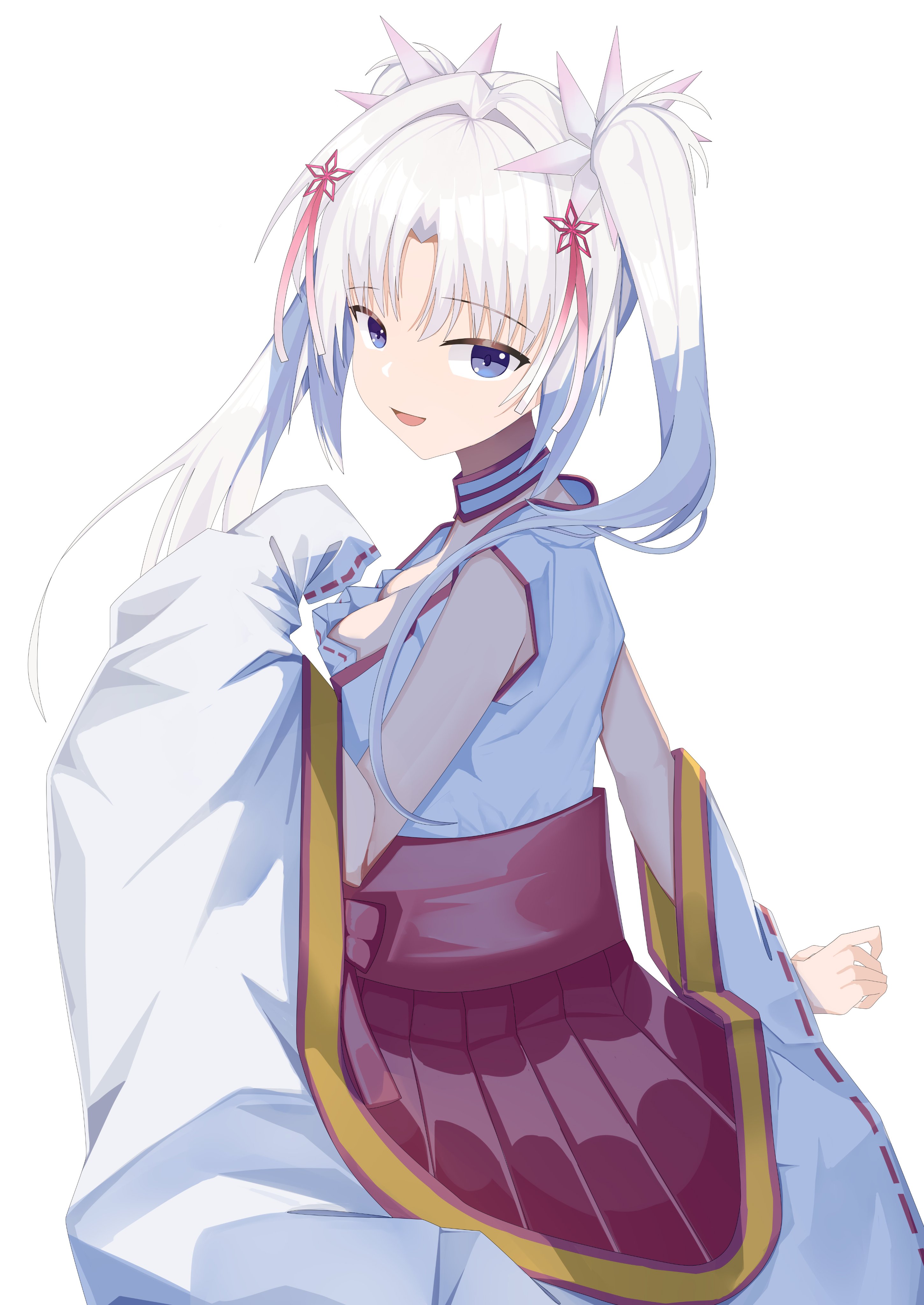 mamiya yuki, tomotake yoshino, senren banka, absurdres, commentary, highres, 1girl, :d, blue eyes, breasts, cleavage, cowboy shot, detached collar, detached sleeves, from side, hair between eyes, hair intakes, hair over shoulder, hair ribbon, hakama, hakama skirt, japanese clothes, kimono, large breasts, long hair, long sleeves, looking at viewer, nontraditional miko, open mouth, pink ribbon, red hakama, ribbon, ribbon-trimmed sleeves, ribbon trim, sidelocks, simple background, skirt, sleeveless, sleeveless kimono, smile, solo, tsurime, twintails, white background, white hair, white kimono, wide sleeves