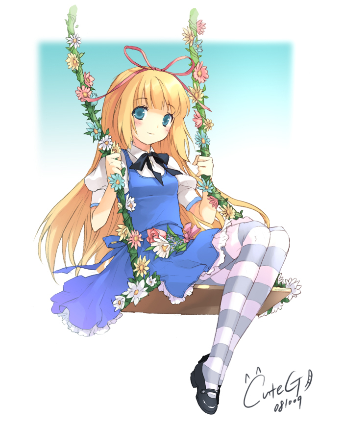 cuteg, alice (alice in wonderland), alice's adventures in wonderland, bad id, bad pixiv id, 1girl, blonde hair, blue eyes, female focus, flower, hair ribbon, mary janes, on swing, pantyhose, ribbon, shoes, solo, striped clothes, striped pantyhose, swing