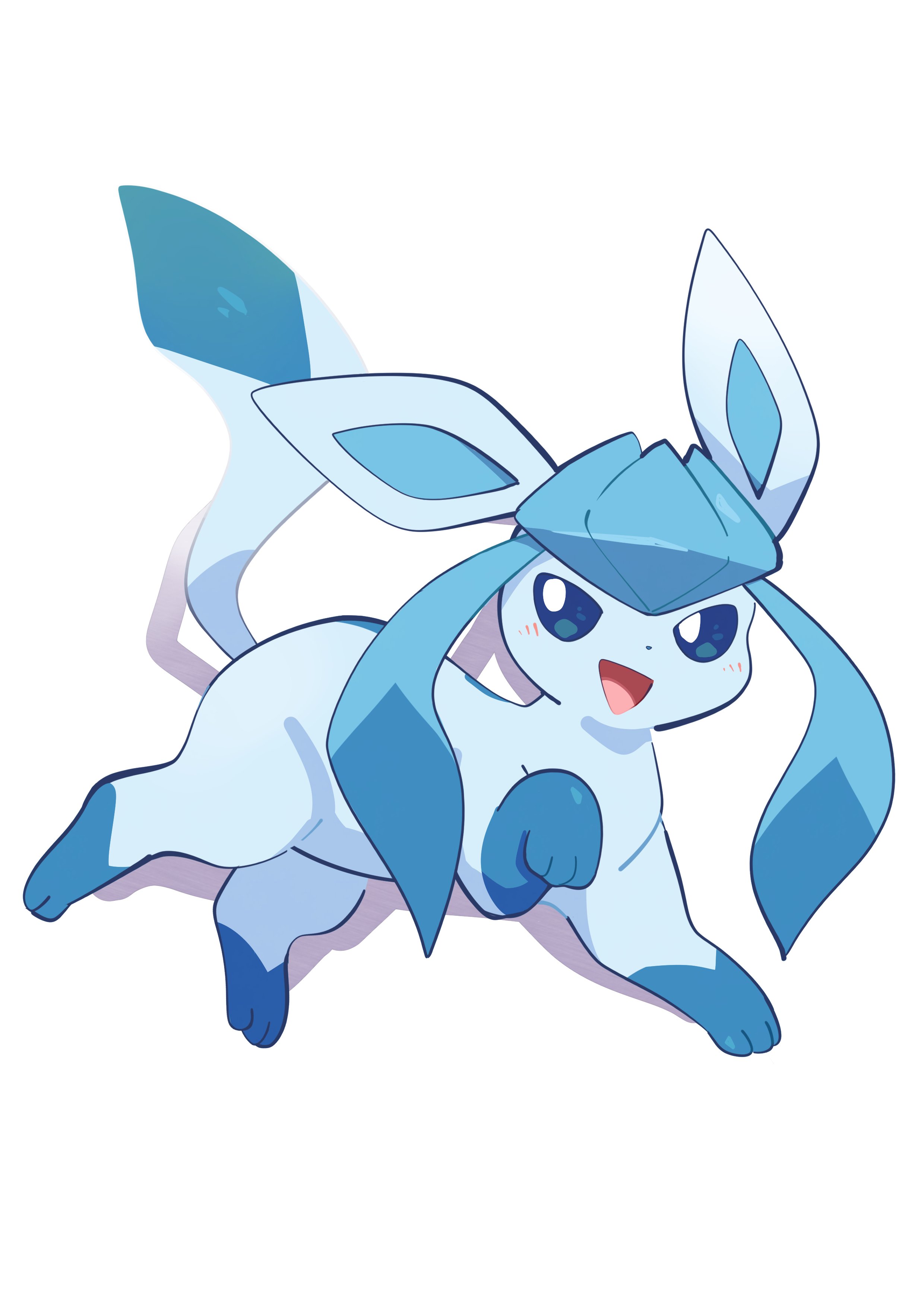 komanychi, glaceon, nintendo, pokemon, absurdres, highres, animal focus, blue eyes, blue fur, blue sclera, blush, colored sclera, full body, gen 4 pokemon, looking at viewer, no humans, open mouth, pokemon (creature), pokemon focus, simple background, smile, solo, tail, two-tone fur, white background