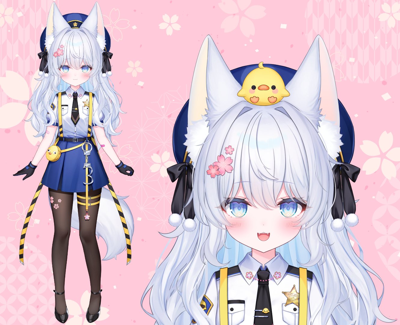 shouu-kun, indie virtual youtuber, 1girl, animal ears, belt, black necktie, black shoes, blue eyes, blush, coratfg, cuffs, fox ears, gloves, handcuffs, necktie, pantyhose, police, police badge, police uniform, policewoman, reference sheet, shirt, shoes, skirt, smile, suspenders, virtual youtuber, white hair, white shirt