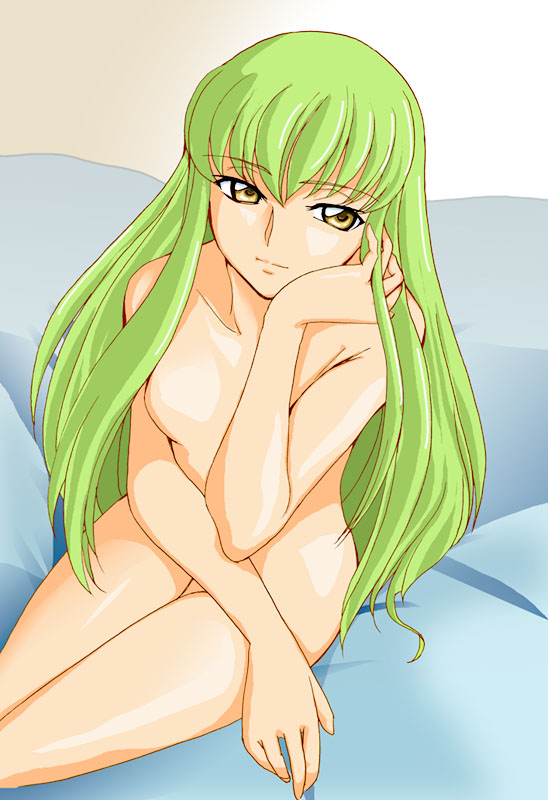 keinakasawa, nakasawa kei, c.c., code geass, bad id, bad pixiv id, 00s, 1girl, arm support, breasts, casual nudity, collarbone, completely nude, couch, female focus, green hair, long hair, looking at viewer, no nipples, nude, sitting, solo, very long hair, yellow eyes, yokozuwari