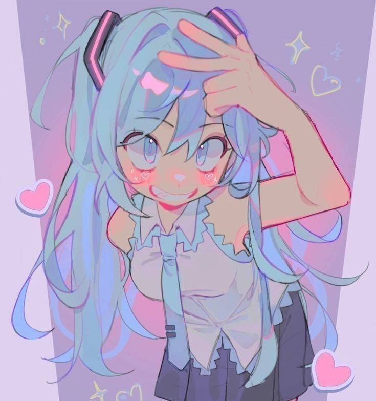 littlebunniboo, hatsune miku, vocaloid, commentary, english commentary, 1girl, bare arms, bare shoulders, black skirt, blue eyes, blue hair, blue necktie, collared shirt, cowboy shot, eyelashes, grin, hair ornament, happy, heart, lace, lace-trimmed shirt, lace trim, leaning forward, light blush, long hair, miniskirt, necktie, no detached sleeves, pleated skirt, purple background, shirt, skirt, sleeveless, sleeveless shirt, smile, solo, sparkle, standing, tareme, teeth, tie clip, twintails, v, very long hair, white shirt