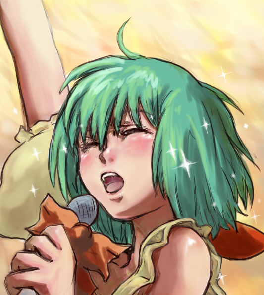 gaku (pixiv), gaku (wheel of lunokhod), ranka lee, macross, macross frontier, bad id, bad pixiv id, 00s, 1girl, ahoge, arm up, bare shoulders, blush, closed eyes, dress, female focus, green hair, holding, microphone, music, short hair, singing, sleeveless, sleeveless dress, solo