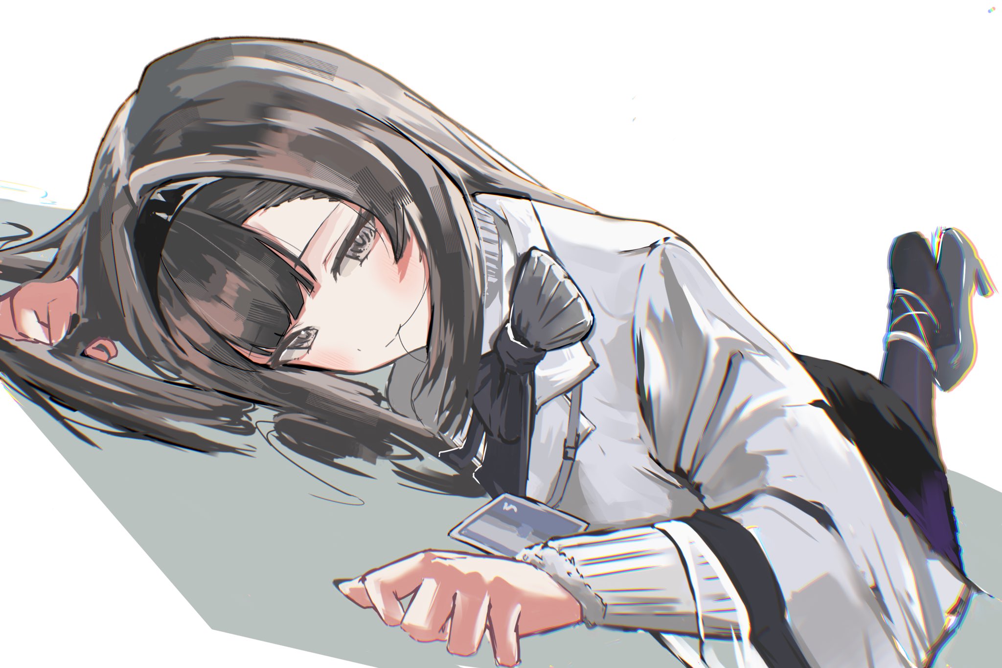priestess (arknights), arknights, highres, 1girl, black eyes, black hair, black hairband, black skirt, hair in own mouth, hairband, high heels, id card, jacket, long hair, looking at viewer, lying, on ground, on stomach, pantyhose, petraruruka, skirt, solo, white jacket